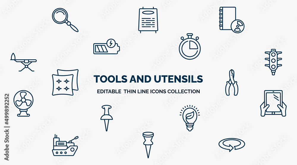 Poster concept of tools and utensils web icons in outline style. thin line icons such as searching tool, bo