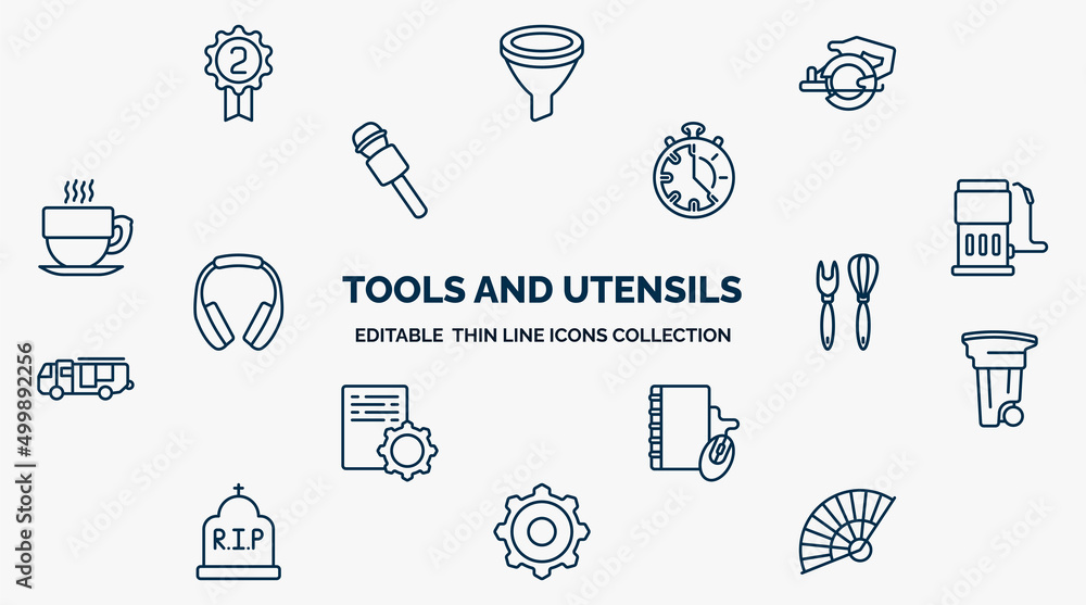 Poster concept of tools and utensils web icons in outline style. thin line icons such as second, power saw,