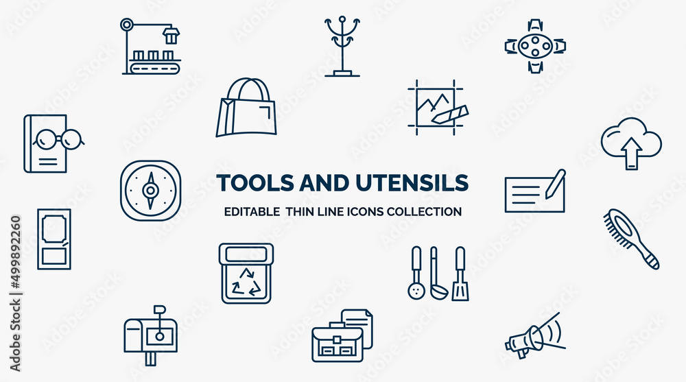 Poster concept of tools and utensils web icons in outline style. thin line icons such as packing hine, dini