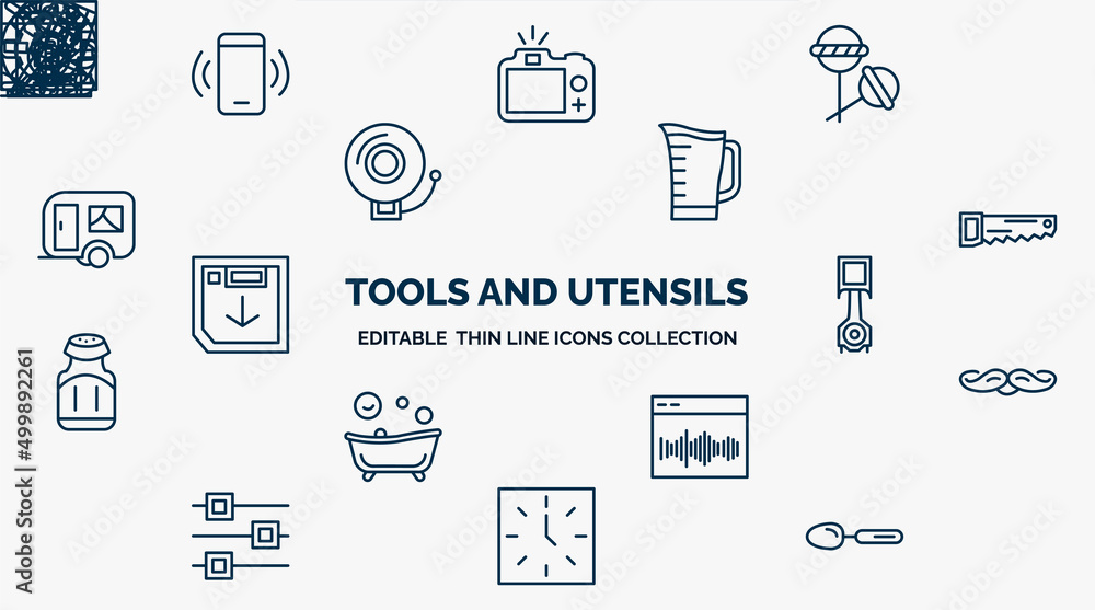 Poster concept of tools and utensils web icons in outline style. thin line icons such as ringing, candies, 
