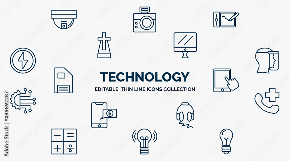 Poster concept of technology web icons in outline style. thin line icons such as security cam, drawing tabl