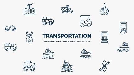 concept of transportation web icons in outline style. thin line icons such as funicular railway, military airplane, golf cart, monorail, metro, police car, yawl, tugboat, rowing vector. © IconArt