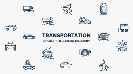 concept of transportation web icons in outline style. thin line icons such as eighteen-wheeler, tram, tanker, oxcart, car frontal view, ship helm, dirigible, hatchback, army airplane vector. - obrazy, fototapety, plakaty
