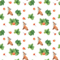 Seamless pattern of baby fox and cloudberry on a white background. Watercolor hand drawn illustration. Ideal for wrapping paper, fabric and textile design.