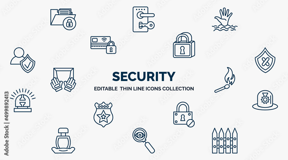 Poster concept of security web icons in outline style. thin line icons such as lock folder, drowning, big l