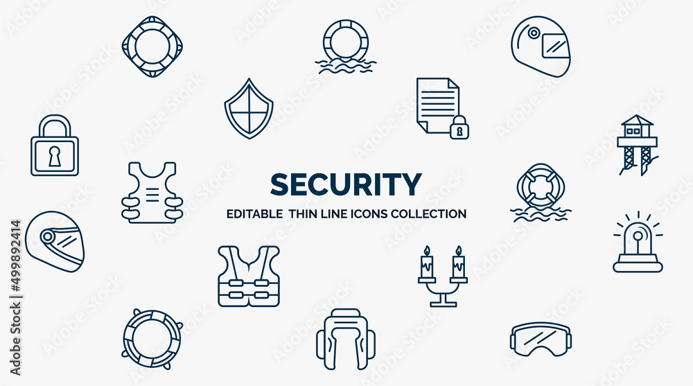 Poster concept of security web icons in outline style. thin line icons such as lifeguard float, racing helm