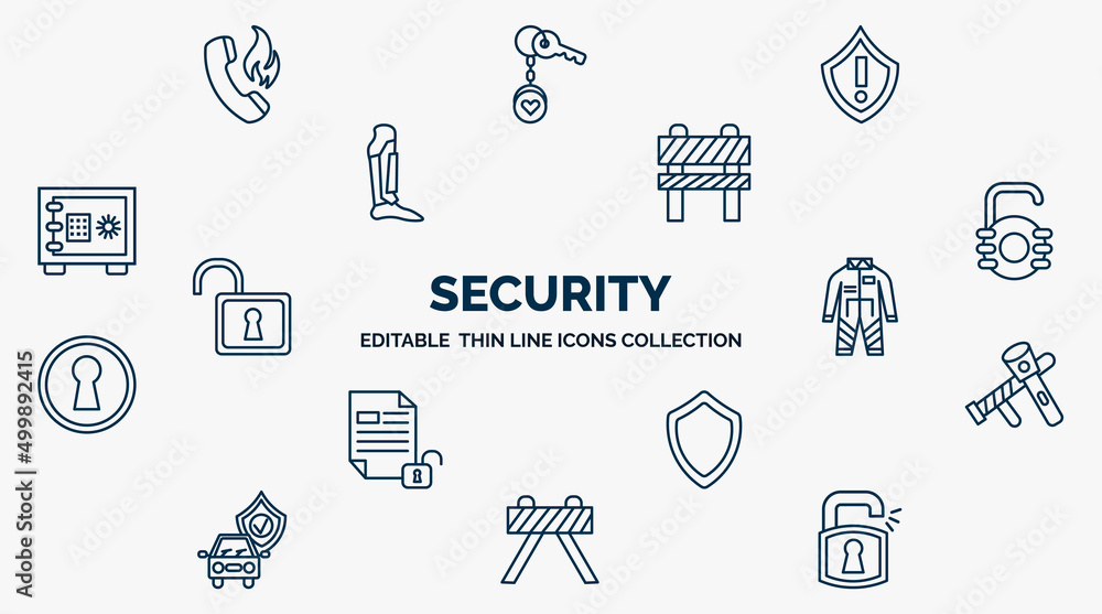 Poster concept of security web icons in outline style. thin line icons such as fire phone, security warning