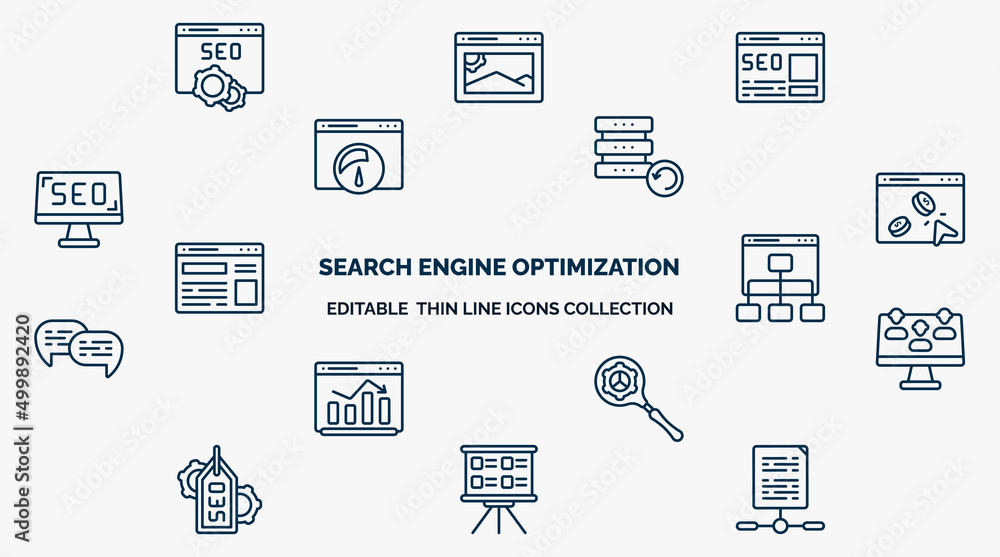Poster concept of search engine optimization web icons in outline style. thin line icons such as seo and we