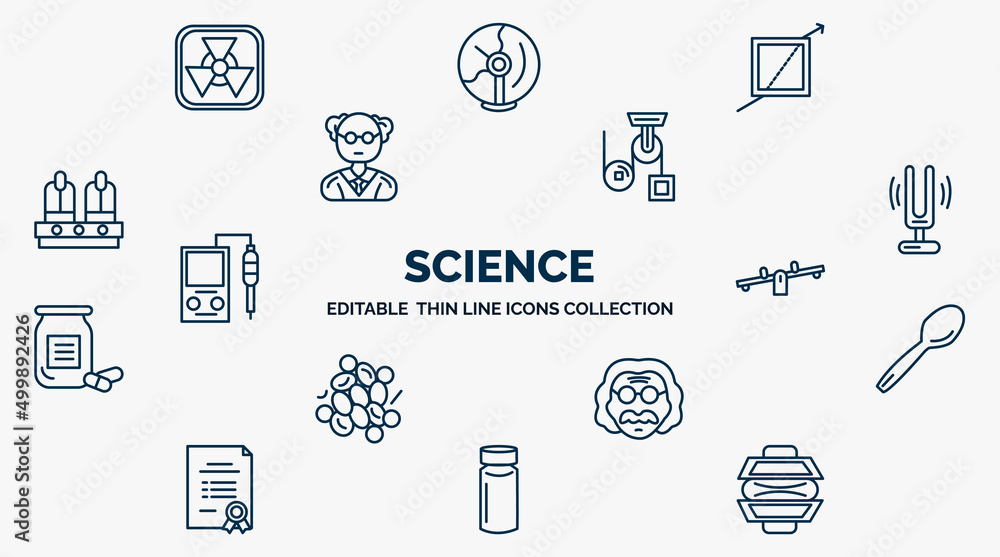 Aufkleber concept of science web icons in outline style. thin line icons such as radioactivity, refraction, pu