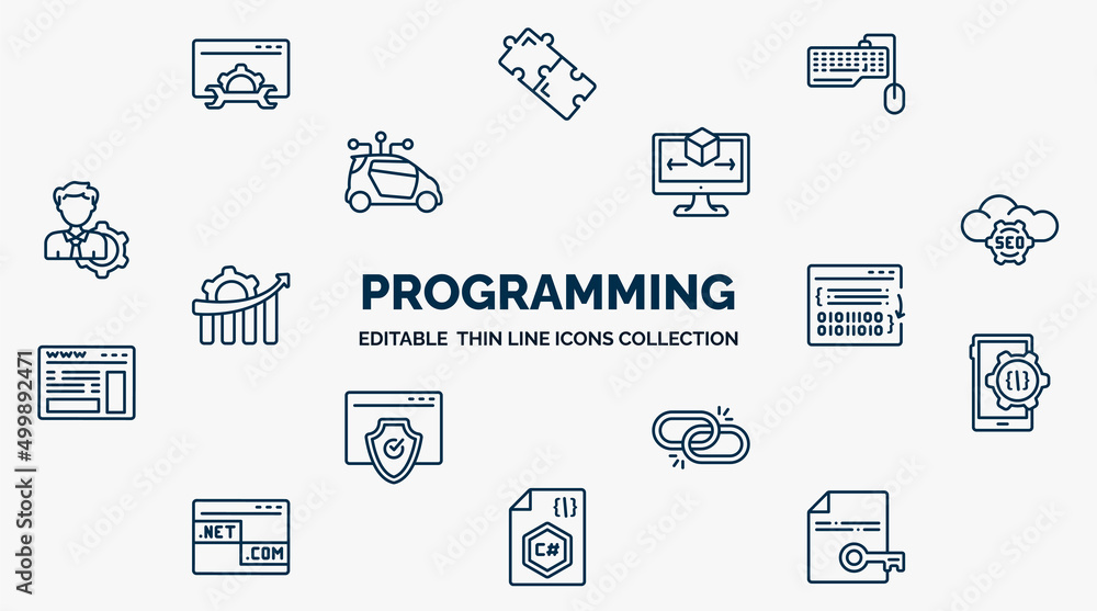 Poster concept of programming web icons in outline style. thin line icons such as seo tools, keyboard and m