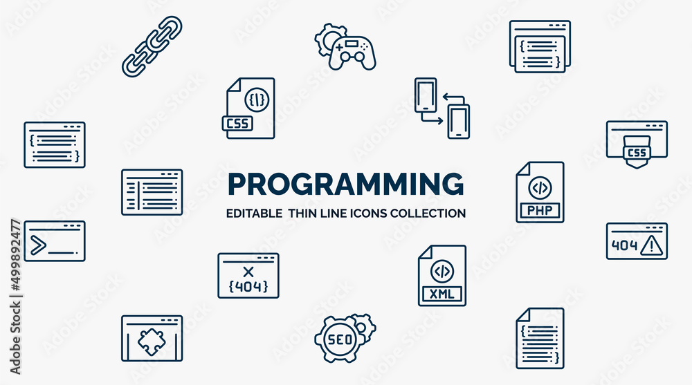 Poster concept of programming web icons in outline style. thin line icons such as hyperlink, page, cross-pl