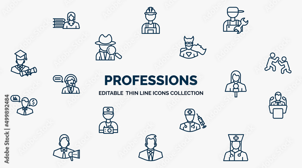 Poster concept of professions web icons in outline style. thin line icons such as librarian, plumber, super