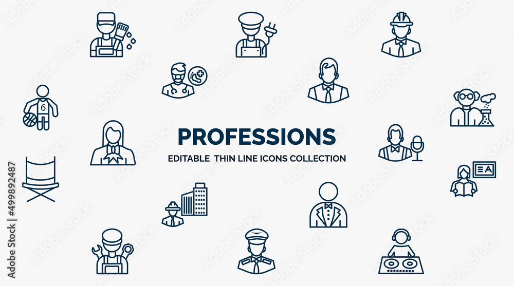 Poster concept of professions web icons in outline style. thin line icons such as painter, engineer, office