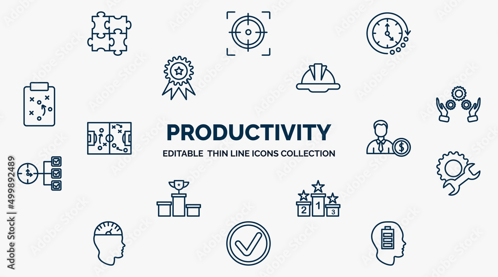 Poster concept of productivity web icons in outline style. thin line icons such as puzzle piece, time passi