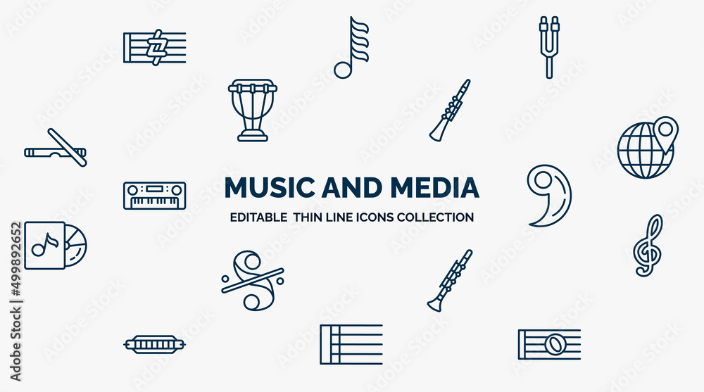 Poster concept of music and media web icons in outline style. thin line icons such as sharp, tuning fork, o