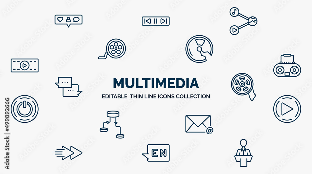 Poster concept of multimedia web icons in outline style. thin line icons such as interface, share content, 