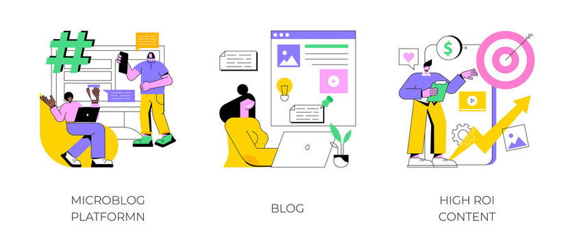 Social media marketing abstract concept vector illustration set. Microblog platform, blog and high ROI content, influencer, brand promotion, followers and subscriptions, viral content abstract