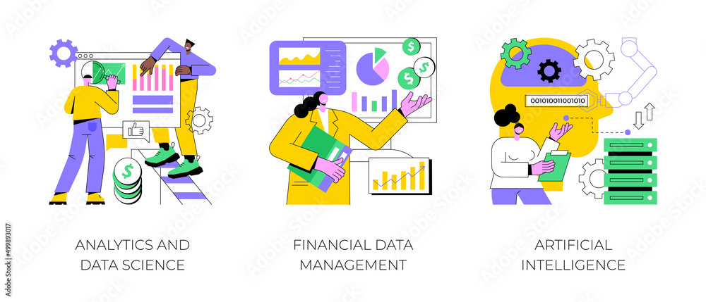 Poster big data abstract concept vector illustration set. analytics and data science, financial data manage