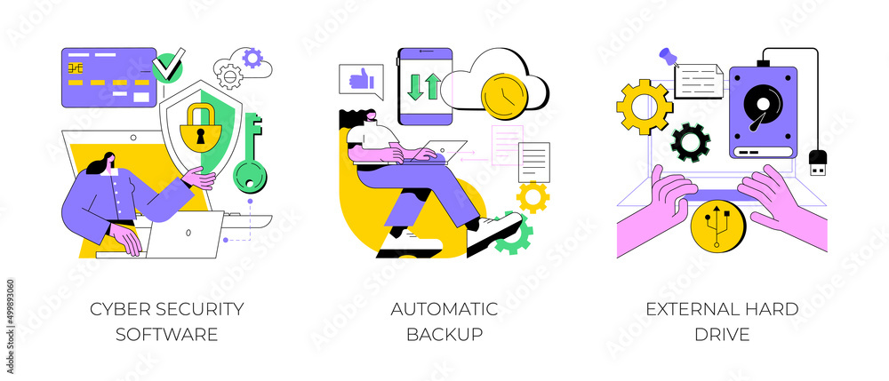 Poster data protection and recovery abstract concept vector illustration set. cyber security software, auto