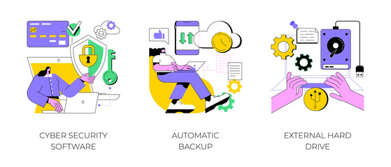 Data protection and recovery abstract concept vector illustration set. Cyber security software, automatic backup, external hard drive, mobile phone synchronization, storage hdd abstract metaphor.