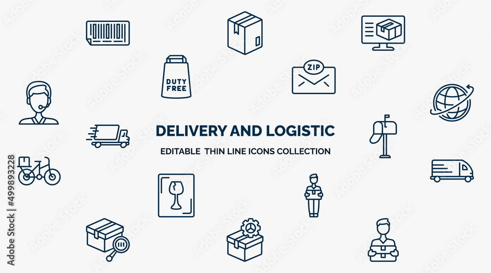 Poster concept of delivery and logistic web icons in outline style. thin line icons such as bar code, deliv