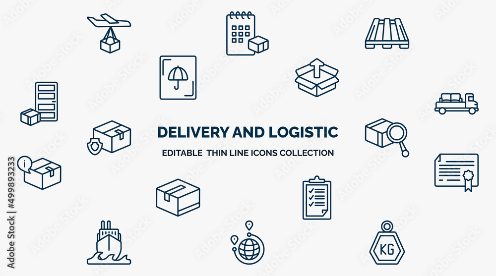 Aufkleber concept of delivery and logistic web icons in outline style. thin line icons such as delivery by pla