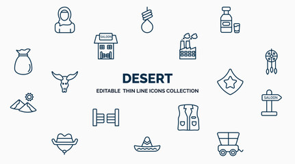 concept of desert web icons in outline style. thin line icons such as arab, alcohol bottle, industry, native american, prefect, wild west saloon, cowboy vest, mexican hat, cowboy cart vector.