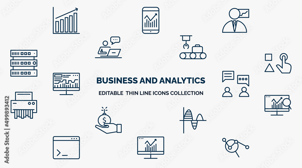 Poster concept of business and analytics web icons in outline style. thin line icons such as graph, busines