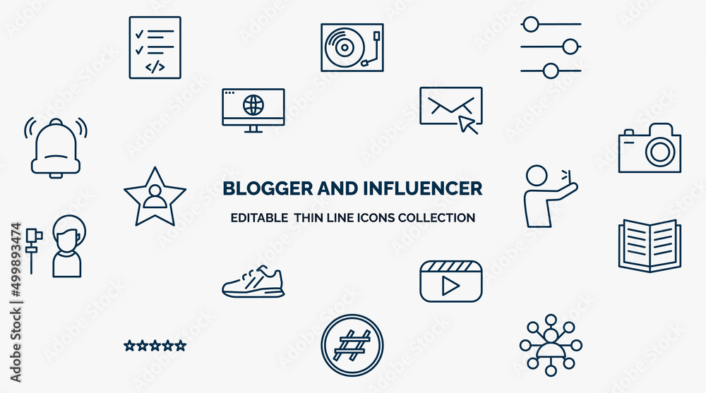 Poster concept of blogger and influencer web icons in outline style. thin line icons such as script, filter