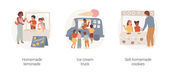 Community market isolated cartoon vector illustration set. Homemade lemonade stall, ice cream truck, local small business, girl sell cookies to neighbors, residential area buildings vector cartoon.