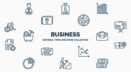 concept of business web icons in outline style. thin line icons such as chief executive officer, ascendant graph, maze game, statistics presentation, bussines briefcase, briefcase tings, line chart