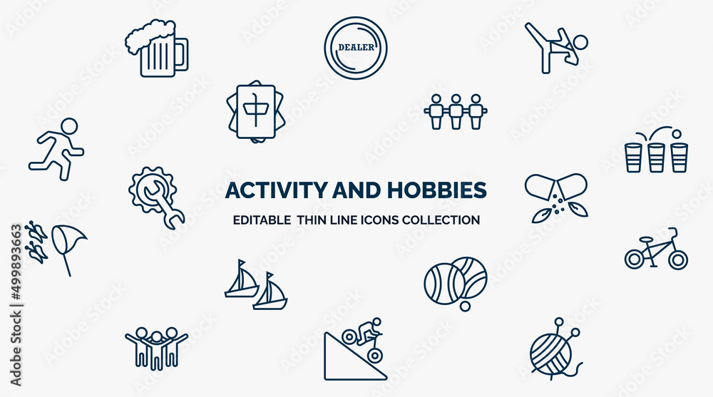 Poster concept of activity and hobbies web icons in outline style. thin line icons such as brewing, martial