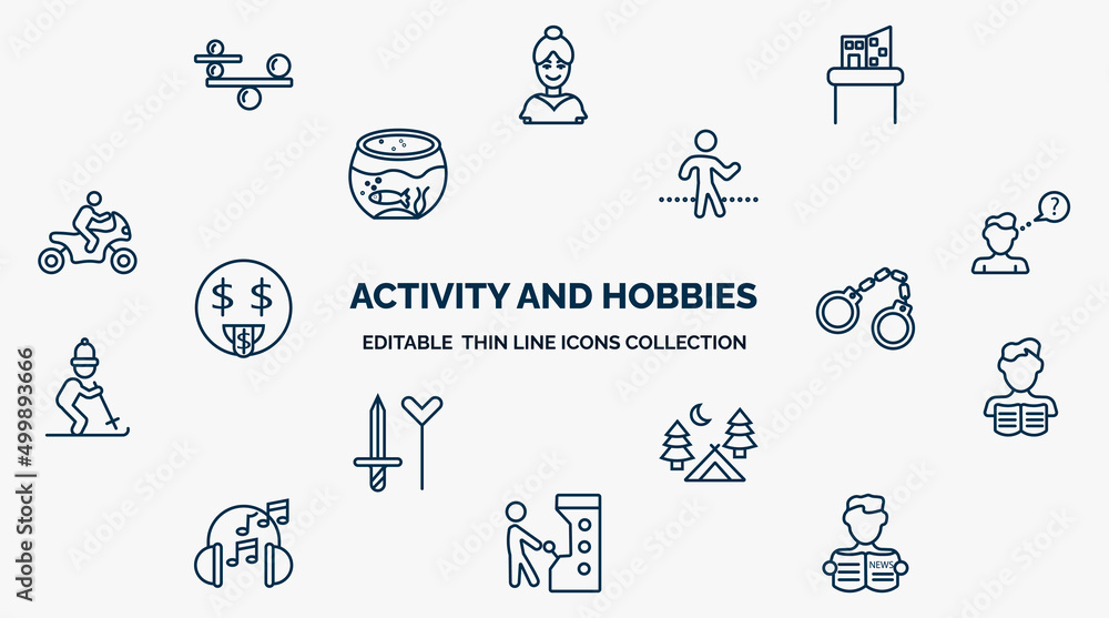 Poster concept of activity and hobbies web icons in outline style. thin line icons such as balancing, model