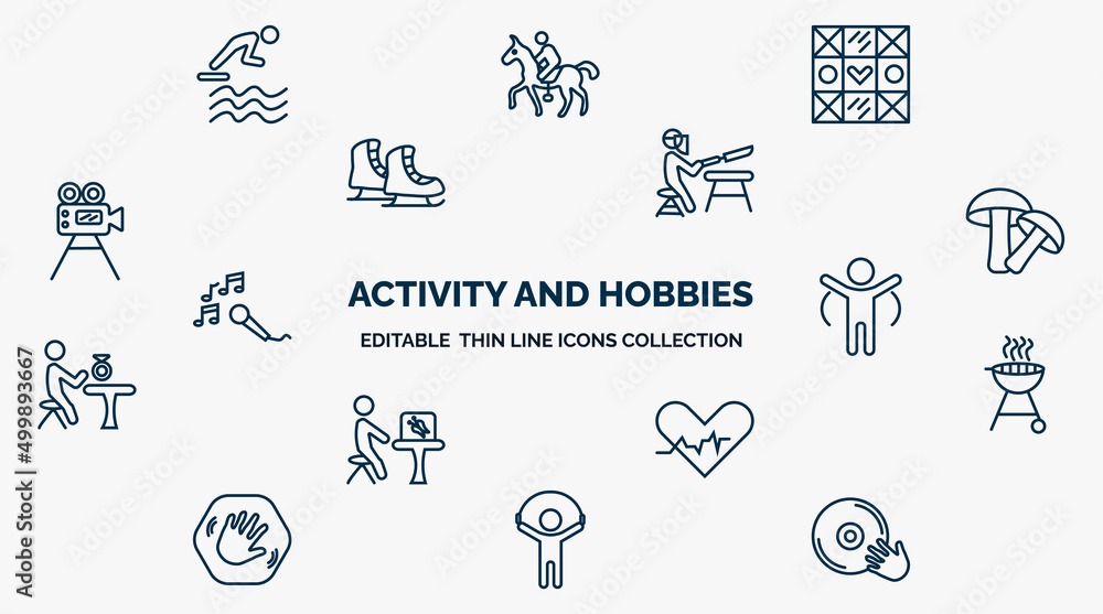 Poster concept of activity and hobbies web icons in outline style. thin line icons such as jumping to the w