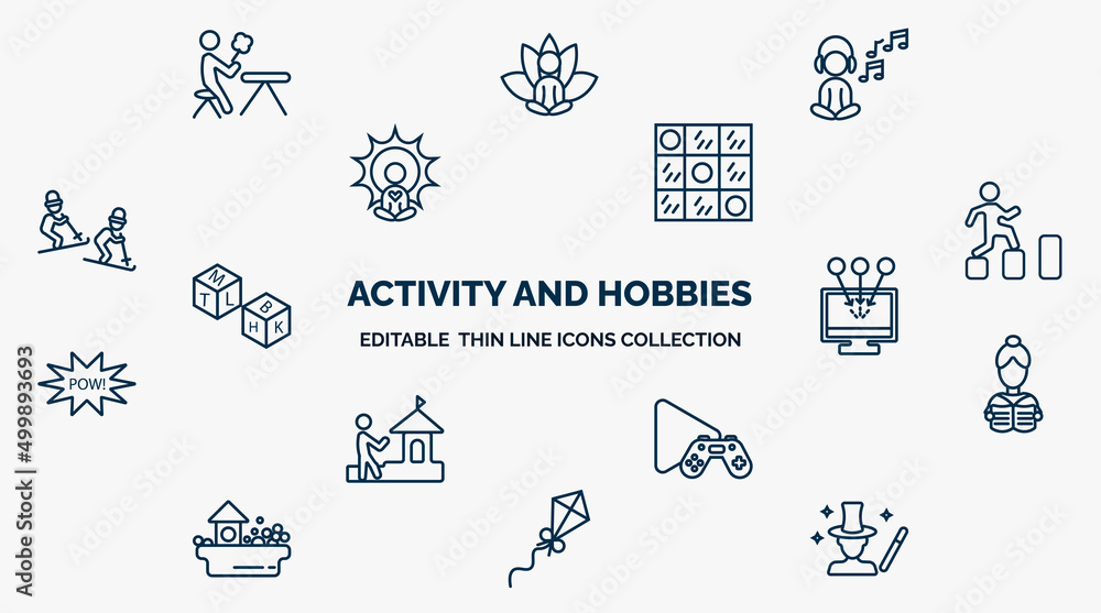 Poster concept of activity and hobbies web icons in outline style. thin line icons such as lace making, rel