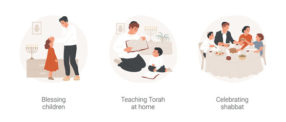 Jewish traditions isolated cartoon vector illustration set. Jewish father blessing daughter, teaching Torah to children at home, reading holy book, family celebrating shabbat vector cartoon.