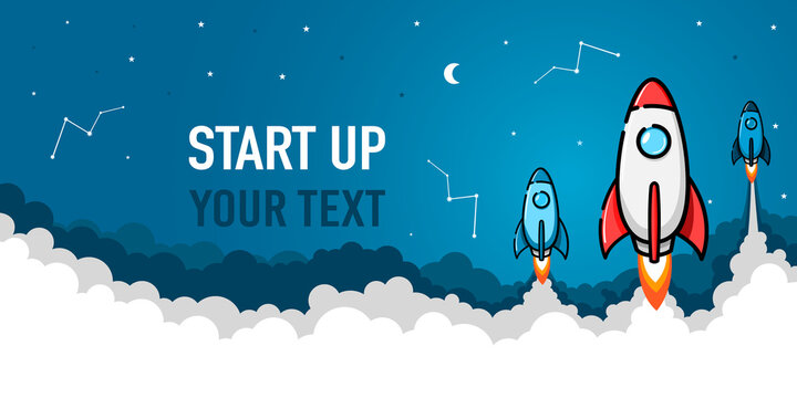 Startup idea landing page screen. rocket banner, rocket ship