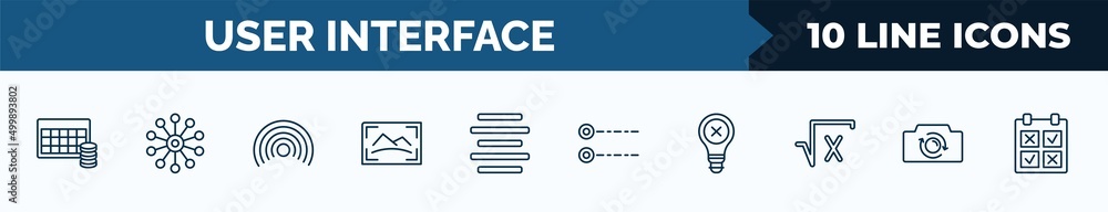 Poster set of 10 user interface web icons in outline style. thin line icons such as table for data, data analytics wheel, wi-fi, photo size, justify, radio button, bad idea, switch camera vector