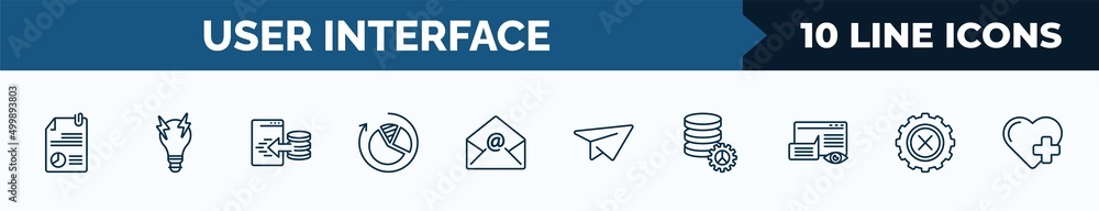 Poster set of 10 user interface web icons in outline style. thin line icons such as data analytics content,