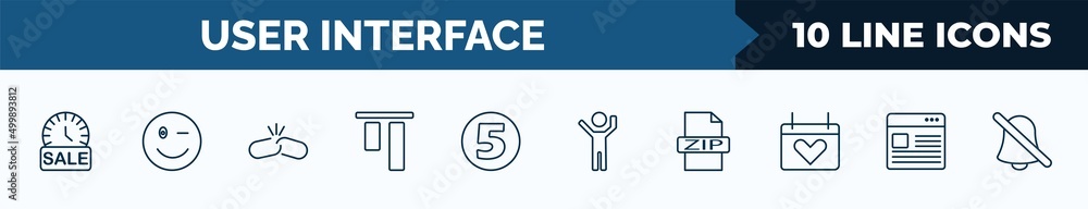 Poster set of 10 user interface web icons in outline style. thin line icons such as sale time, wink smile, 