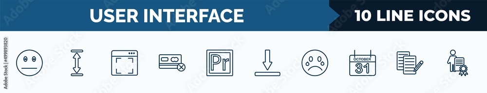 Poster set of 10 user interface web icons in outline style. thin line icons such as sceptic smile, height, 