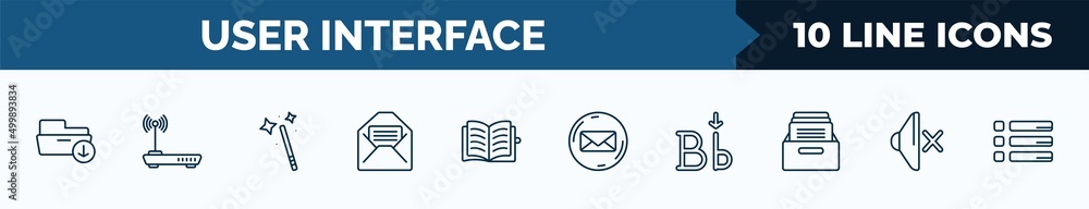 Poster set of 10 user interface web icons in outline style. thin line icons such as download archive, inter
