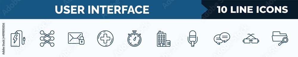 Poster set of 10 user interface web icons in outline style. thin line icons such as power bank, lace, unloc
