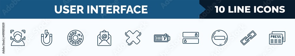 Poster set of 10 user interface web icons in outline style. thin line icons such as face detection, magnet,