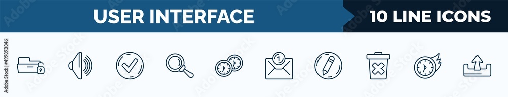 Aufkleber set of 10 user interface web icons in outline style. thin line icons such as unlock folder, loud aud