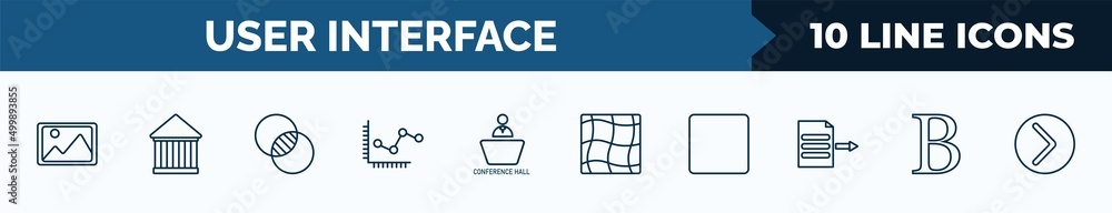 Poster set of 10 user interface web icons in outline style. thin line icons such as insert picture, hall, i