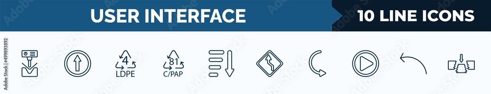 Poster set of 10 user interface web icons in outline style. thin line icons such as bending, key up, 4 ldpe