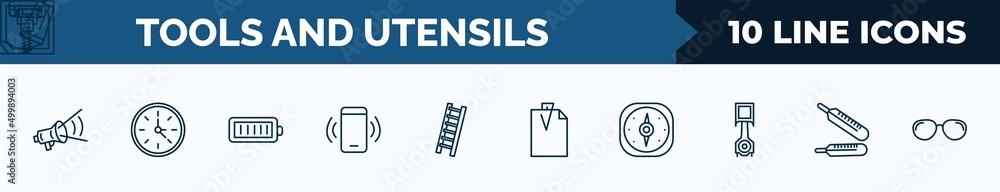 Poster set of 10 tools and utensils web icons in outline style. thin line icons such as megaphone side view