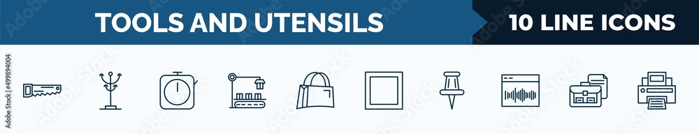 Poster set of 10 tools and utensils web icons in outline style. thin line icons such as carpentry, clothes 