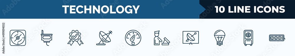 Aufkleber set of 10 technology web icons in outline style. thin line icons such as navigation compass, power p
